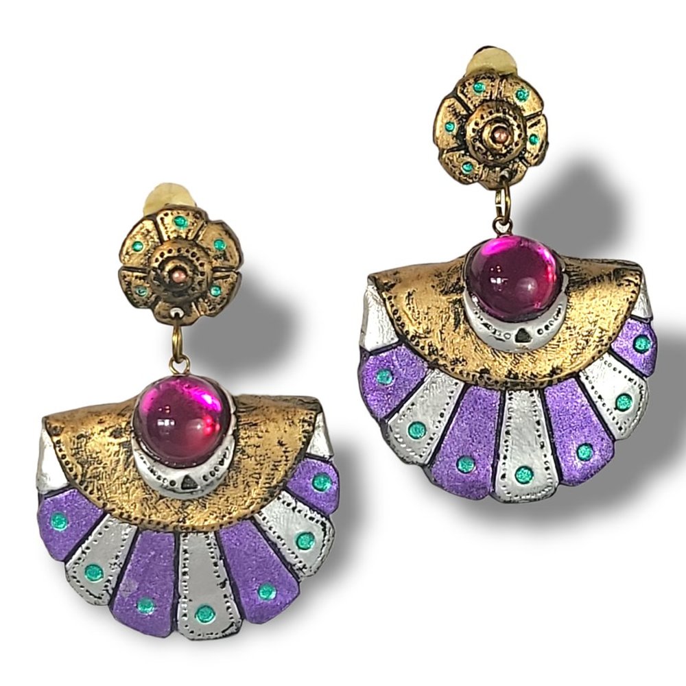 90's Vintage Statement Purple Silver Gold Drop Earrings